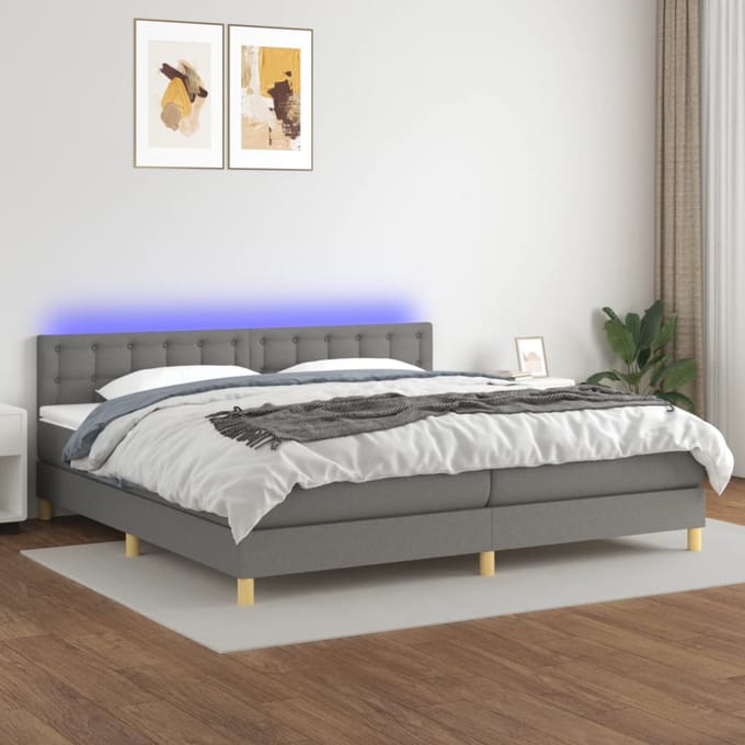 vidaXL - Boxspring - met - matras - en - LED - stof - donkergrijs - 200x200 - cm