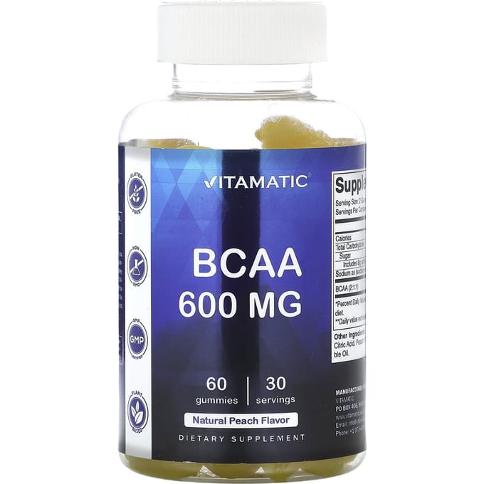 Vitamatic, BCAA, pêche naturelle, 600 mg, 60 gommes (300 mg par bonbon gélifié)