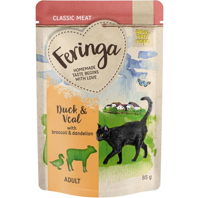 24x85g Maaltijdzakjes Eend & Kalfsvlees met Broccoli Feringa Kattenvoer