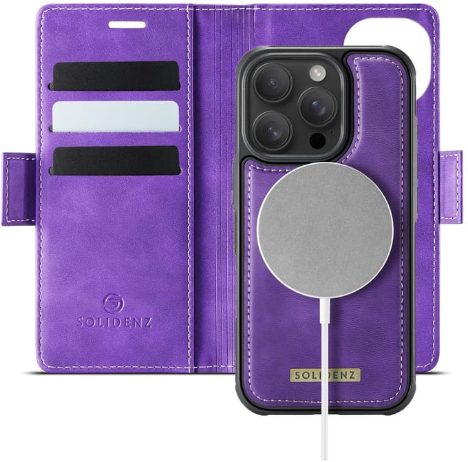 Solidenz geschikt voor iPhone 15 Pro Max hoesje - Luxe Wallet met MagSafe - Afneembare Backcover - Paars