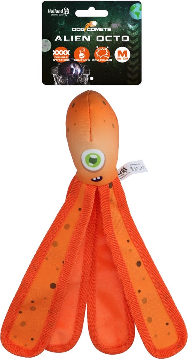 Dog Comets Alien Octo - 28 cm - Hondenspeelgoed - Drijvend - Stevig Canvas - Voorzien van Pieper - Knisperende Tentakels - M - Oranje