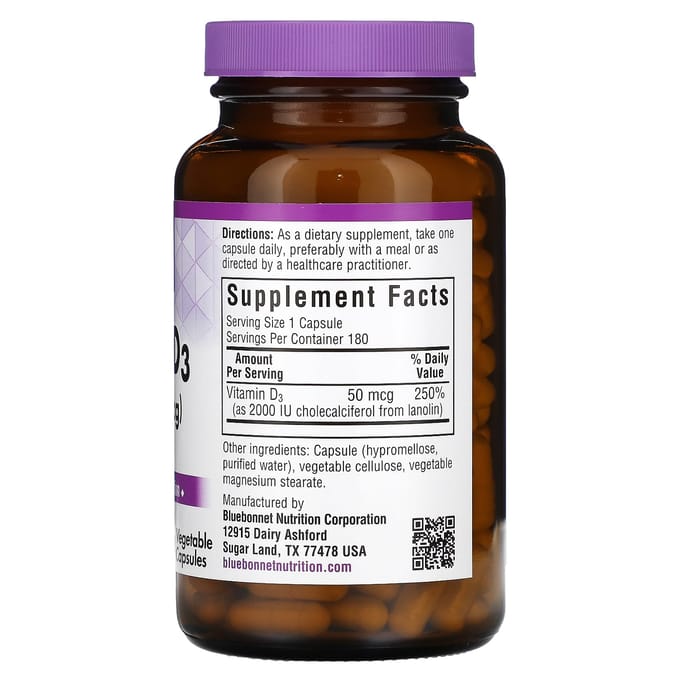 Bluebonnet Nutrition, vitamine D3, 50 mcg (2000 IE), 180 vegetarische capsules