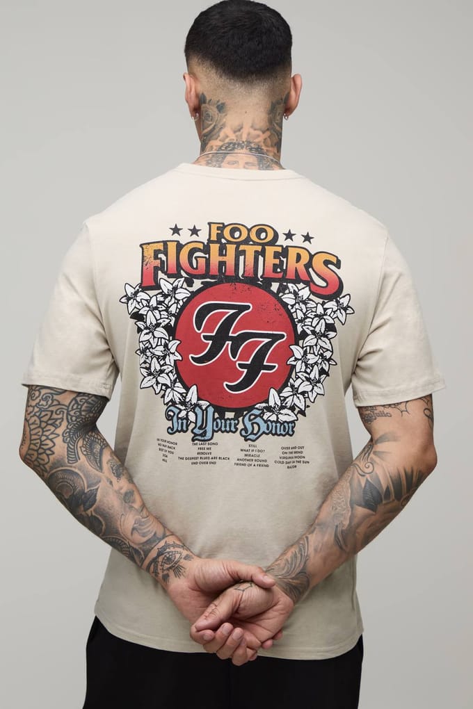 Lang Regular Foo Fighters Bloemen Licentie Print T-shirt | Stone | Size Medium