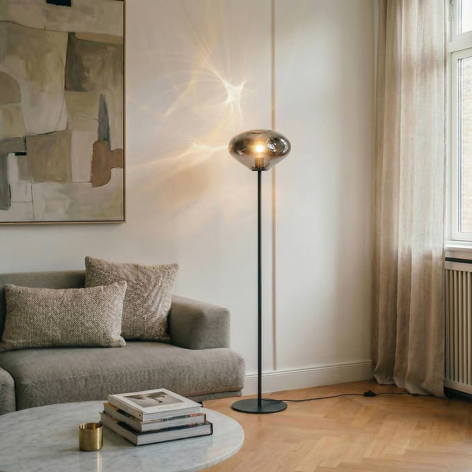 Lindby - vloerlamp - 1licht - Glas, ijzer - H: 150 cm - E27 - rookgrijs, zandzwart