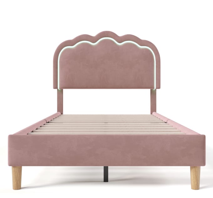 Gestoffeerd Bed LED Eenpersoonsbed 90 x 190 cm, Bedframe met Lattenbodem en Verstelbaar Hoofdeinde, Roze, Bedframe, Fluweel