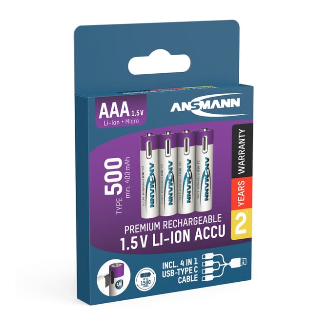 Li-Ion oplaadbare batterijen ANSMANN Micro AAA, 1,5 V, type 500 (min. 400 mAh), 0,74 Wh, type C opladen, 4 stuks