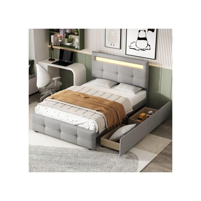 Lit rembourré - MUVOE - 90x200 cm - Éclairage LED - 2 tiroirs - Gris doux gris