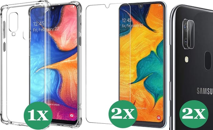 Hoesje geschikt voor Samsung Galaxy A30 - 2x Screenprotector Glas & 2x Camera Screen Protector - Transparant Shock Case