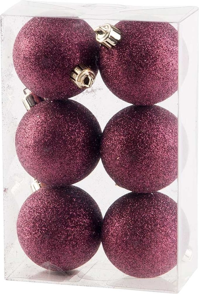 Cosy @ Home Kerstbal Set6 Glitter Aubergine D6cm Kun