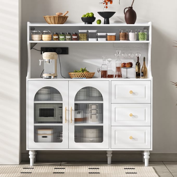 Sweiko Dressoir - Barkast - Met stopcontacten - 3 lades - Glazenrek - Verstelbare planken - Wit