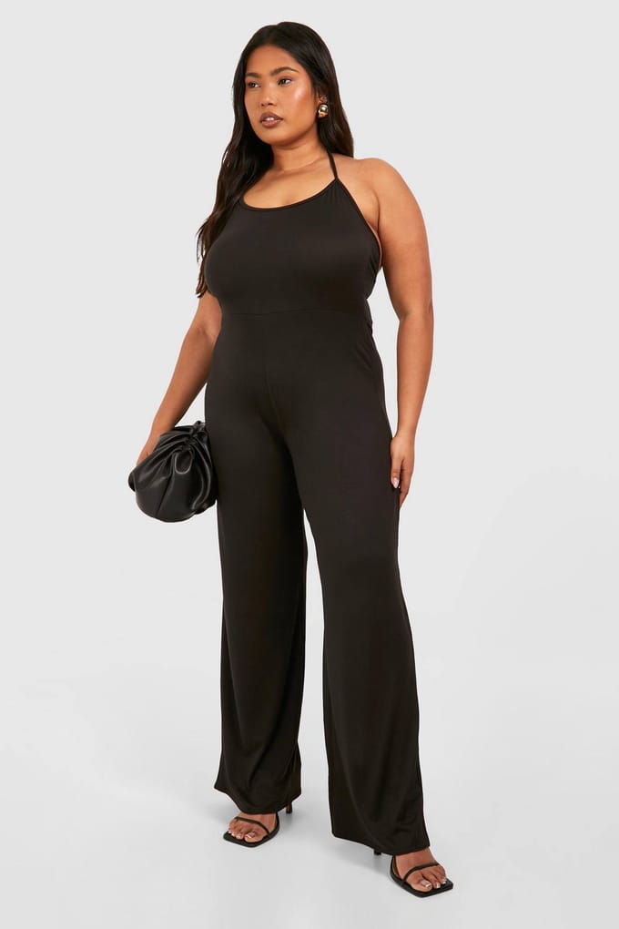 boohoo Dames Plus Super Soft Basic Tie Low Back Beach Jumpsuit | Zwart | Maat: 56