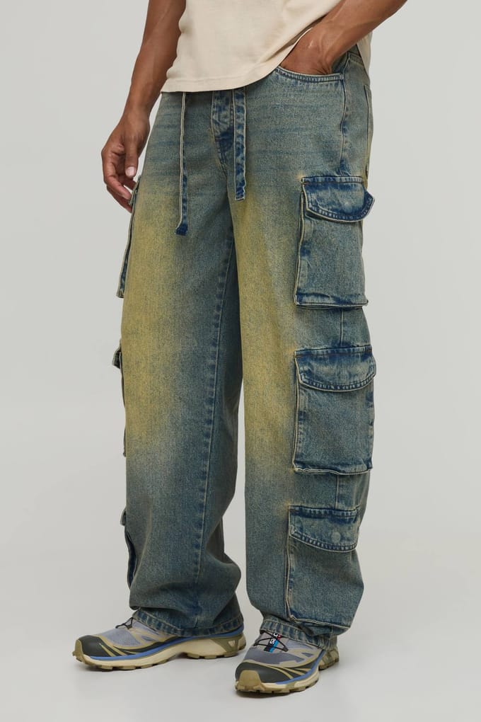 Gewassen Multi-cargo Jeans Met Riem | Antique Wash | Size 30R