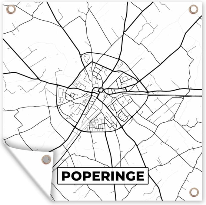 Tuindoek België – Poperinge – Stadskaart – Kaart – Zwart Wit – Plattegrond - 100x100 cm