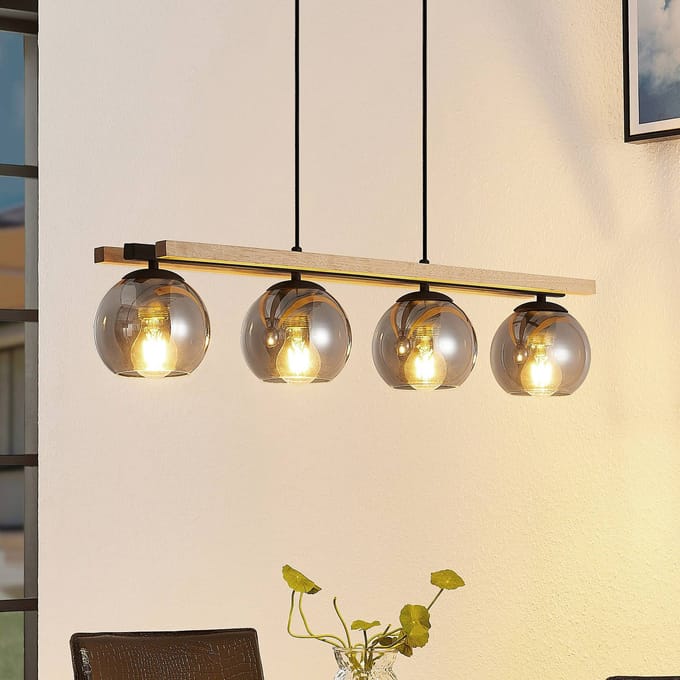 Lindby - hanglamp - 4lichts - Glas, hout, staal - H: 13 cm - E27 - rookgrijs, licht eiken, zwart
