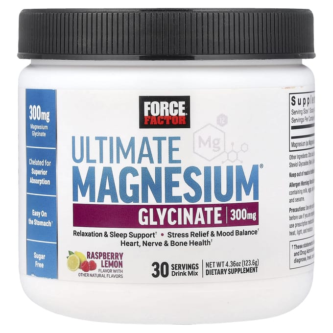 Force Factor, Ultimate Glycine Magnesium Drankmix, Framboos Citroen, 4,36 oz (123,6 g)