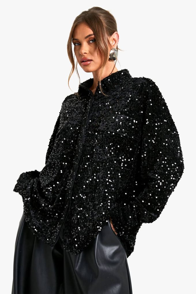 boohoo Dames Velvet pailletten oversized overhemd | Black | Maat: 6