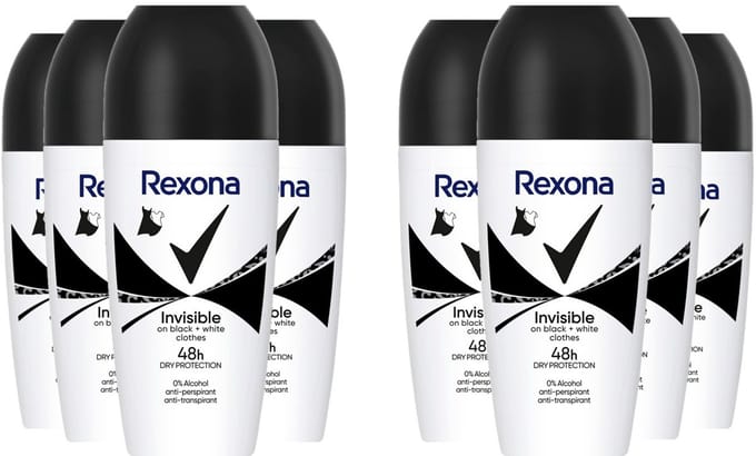 Rexona Deo Roller – Invisible Black & White - Voordeelverpakking 8 x 50 ml