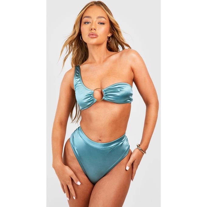 boohoo Dames Satijn O-ring Éen-Schouder Bikini Top | Groenblauw | Maat: 38