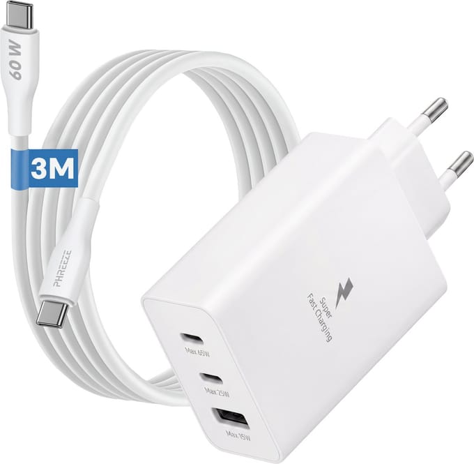 Phreeze 65W USB-C Adapter 3 Poorten + Lange USB C Kabel 3 Meter Rubber Lange Levensduur Wit