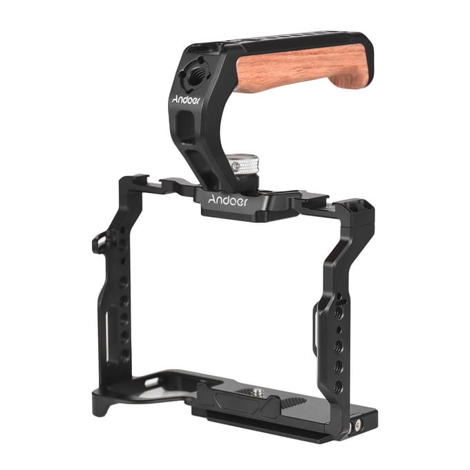 Andoer Cage pour caméra + poignée supérieure, cage vidéo en alliage d'aluminium avec double support pour griffe froide noir