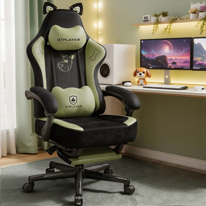 GTPLAYER - Game-stoel - Met Fluweel Stof Kattenoren en Memory Foam - Groen