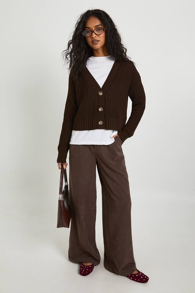 boohoo Dames Chunky gebreide cropped cardigan | Chocolate | Maat: Large