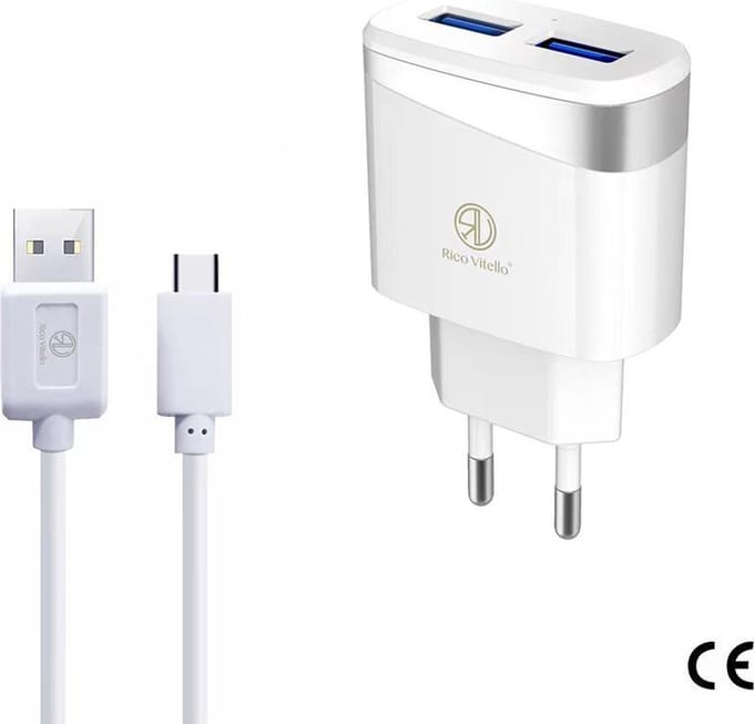 Oplader Rico Vitello, thuislader 2,4A  en kabel 1 meter wit, USB Type-C kabel, travel charger , CE certificate