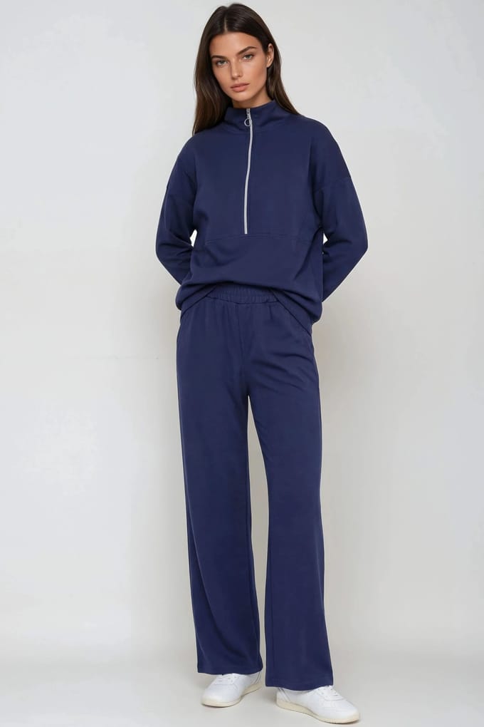 Modal Touch Twee-delige Wijde Pantalon Set met Ritskraag
