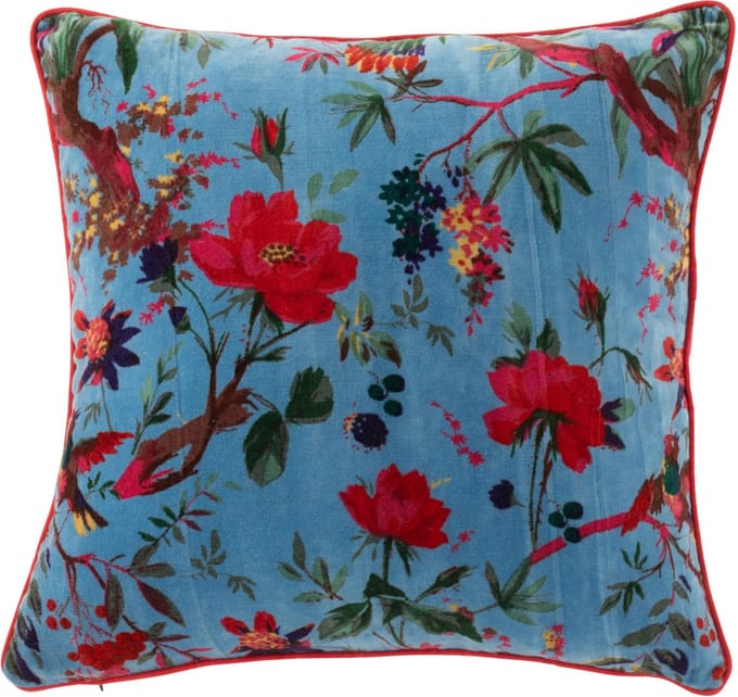 J-Line kussen Vogels Bloemen - katoen/fluweel - blauw
