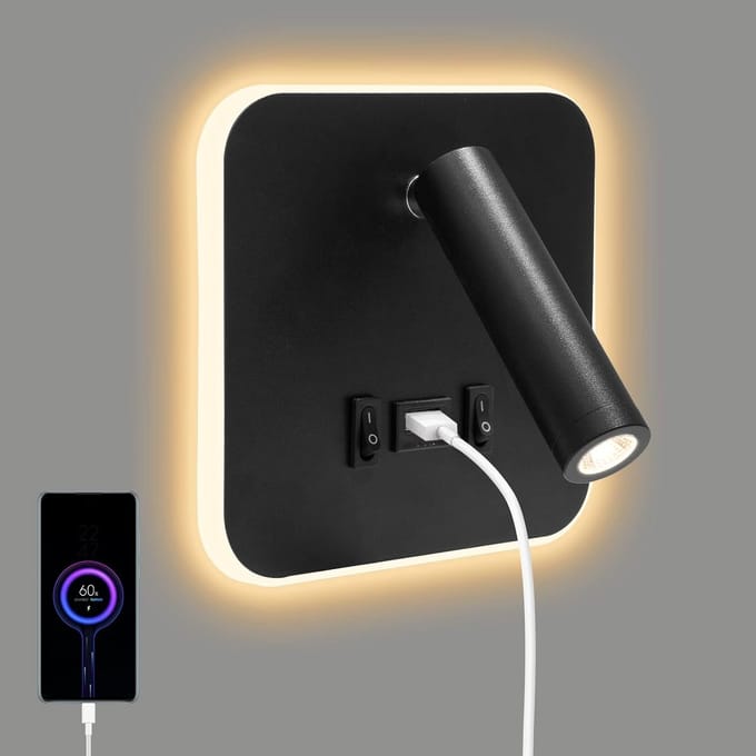 Vierkante LED Wandlamp 3-in-1 met USB-oplaadpoort en Schakelaar