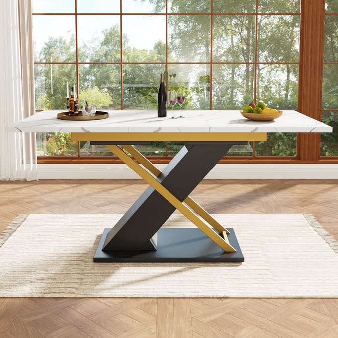 MODFU Uitschuifbare Eettafel - Kruispoten - Marmerlook - MDF En Metaal - Zwart - 120-160 x 80 x 75,4 cm