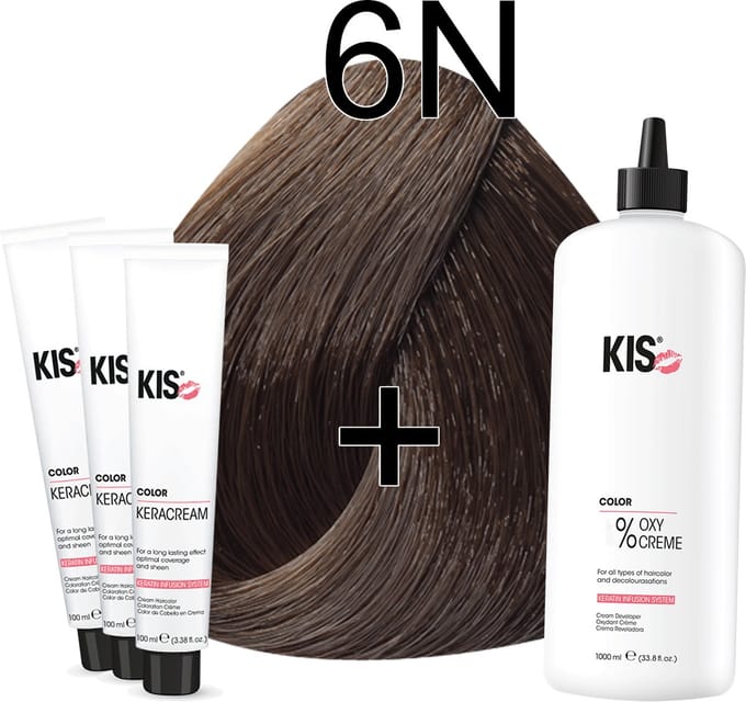 Kis KeraCream Color - 100ml - Haarverf Set - 6N Donkerblond | KIS - (3 x haarverf & 1L waterstofperoxide)