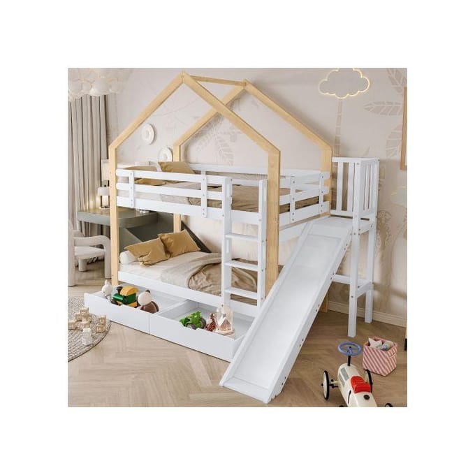 Lit superposé - 90x200 cm - Bois massif - Toboggan - Échelle inclinée sécurisée blanc