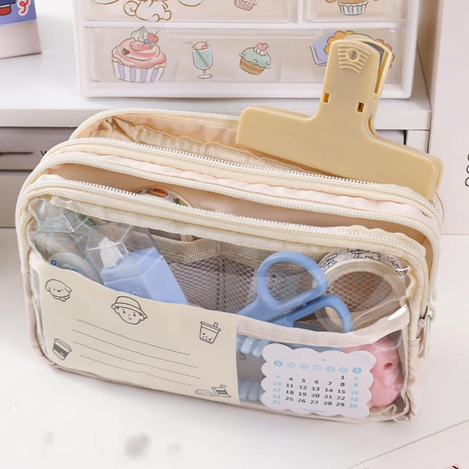 Transparante Etui 3 Lagen Grote Capaciteit Doorzichtig Etui Draagbaar Multifunctioneel Schattig beige