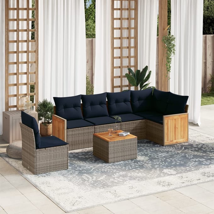 vidaXL - 7-delige - tuinbankset - met - kussens, - grijs - polyrotan