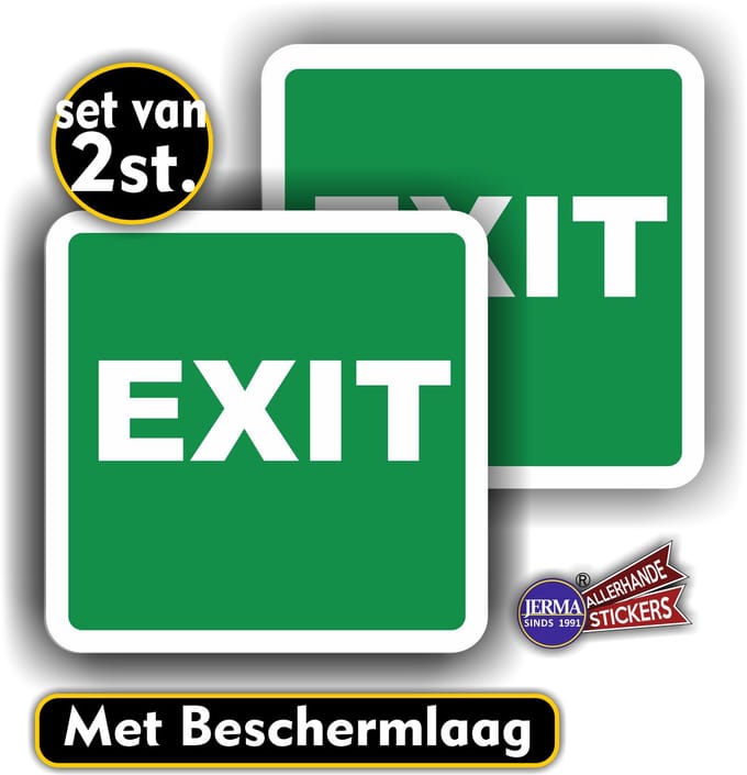 Jerma - EXIT - Sticker - Set 2 st. - 14 x 14 cm - Krasbestendig - Zelfklevend - Weerbestendig Vinyl