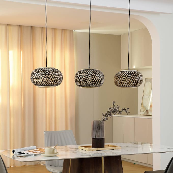 Lindby hanglamp Nerys, 3-lamps, zwart, bamboe, 1.120 cm