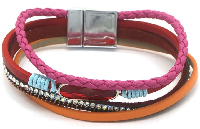 Armband Dames - 4 Stroken Leer - Kralen - 19 cm - Meerkleurig