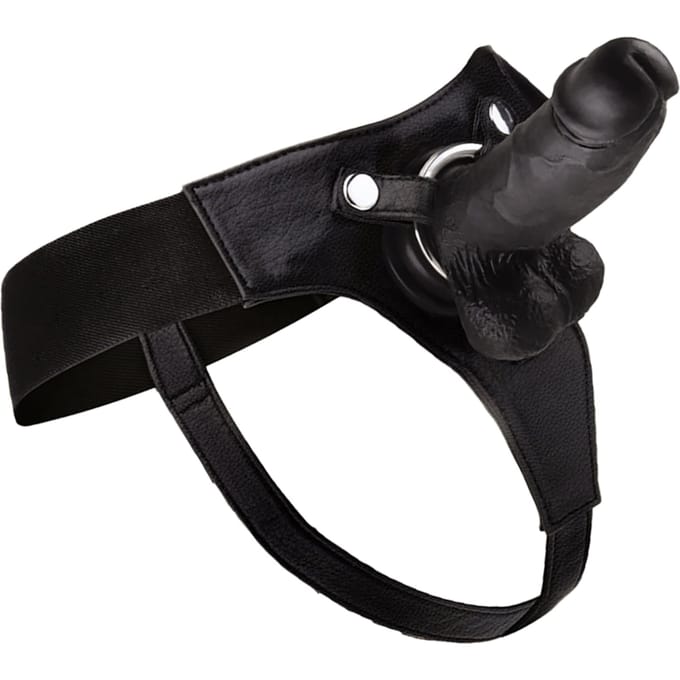 Ouch! – Realistische Zuignap Dildo met Lederen Voorbind Harnas en Elastische Band 20 cm – Zwart