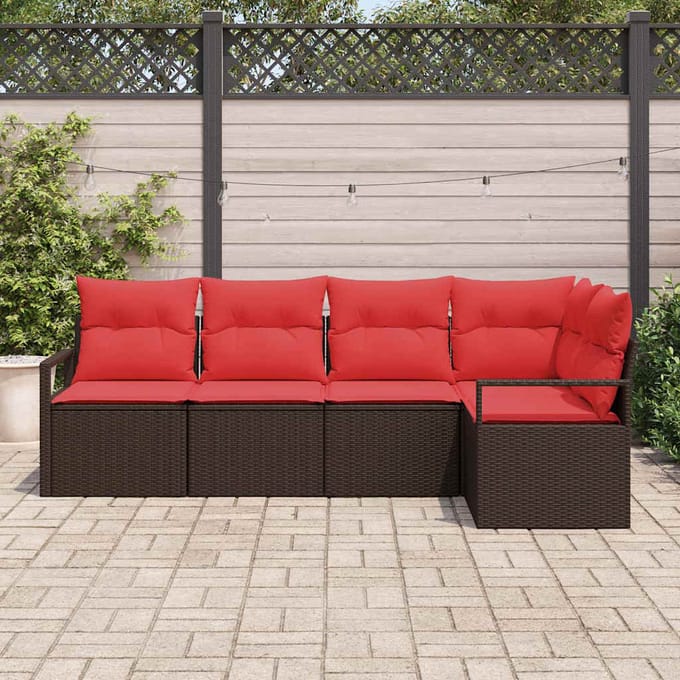 vidaXL - Tuinbank - Set - 5 - st - Bruin - en - Rood - poly - rattan