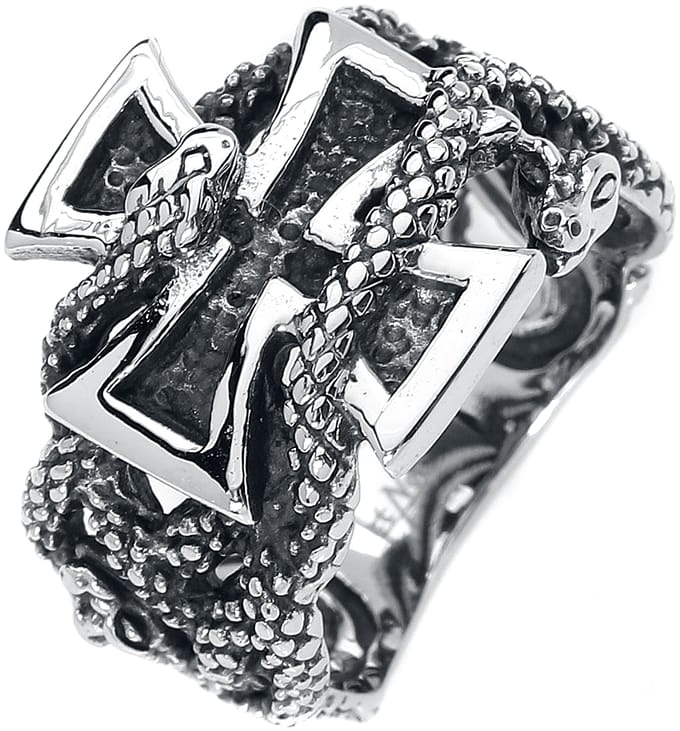 etNox hard and heavy Ring - Eiserne Kreuz mit Schlangen - voor Mannen - zilverkleurig