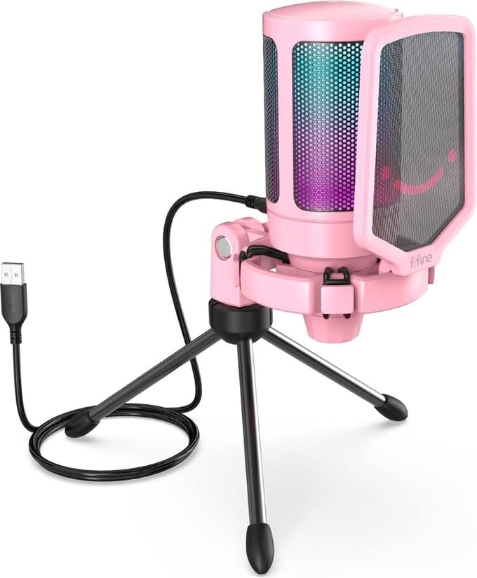 FIFINE - A6V - Roze - USB RGB Streaming Microfoon met Standaard - Gaming - Podcast - Geschikt voor - PS5 / PS4 / PC / Windows - Touch Mute Knop - Filter