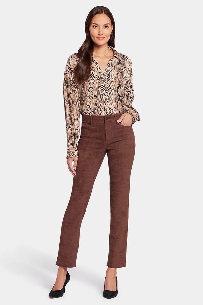 Sheri Slim Broek Bruin Faux Suede | Donker Chocolade