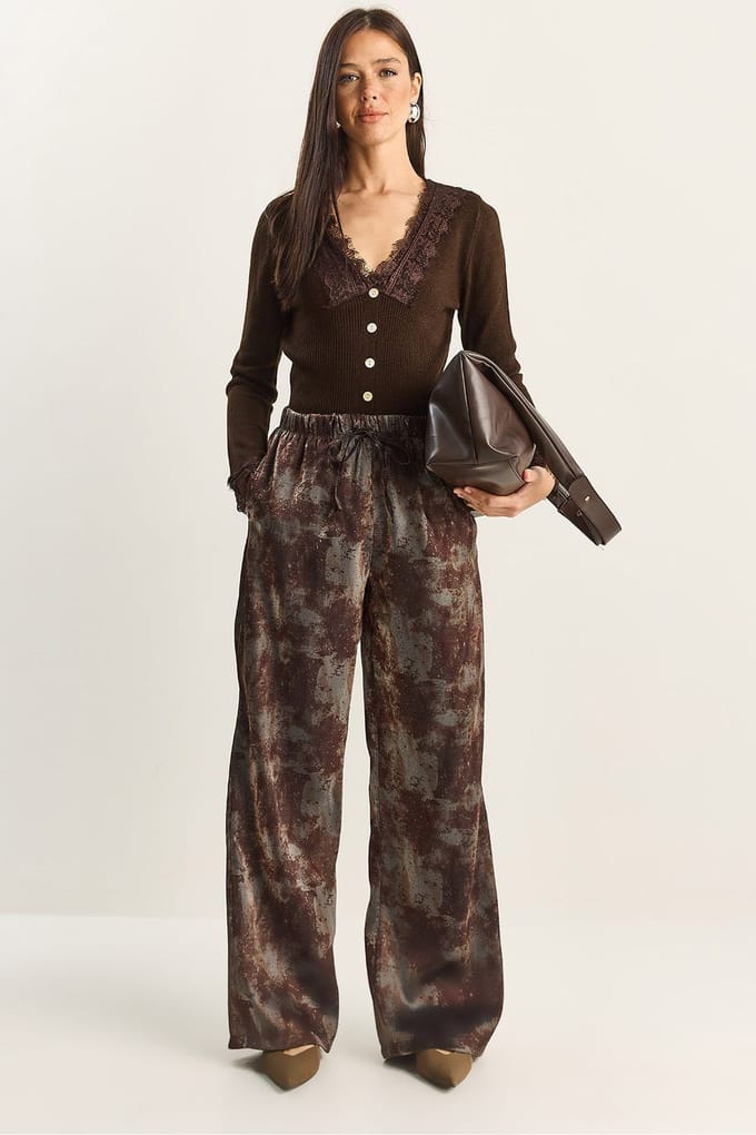 Hoge Taille Wijde Pantalon met Patronen en Binddetails