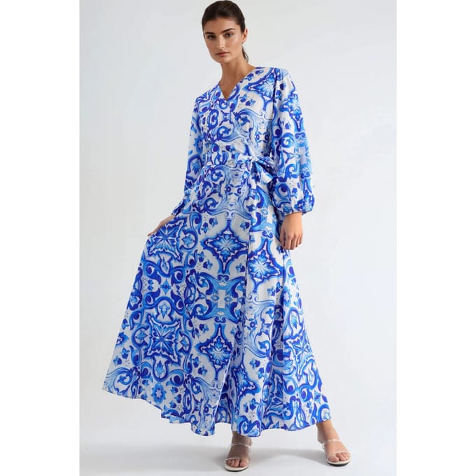 Geprinte V-hals Maxi-jurk met Lange Mouwen