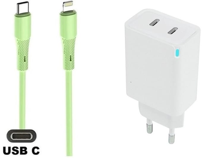45W super snellader met 2 poorten USB C - USB C + 1,0m USB C naar Lightning kabel. Universele PD PPS lader. Oplader adapter past op Apple iPhone 8 t/m iPhone 14