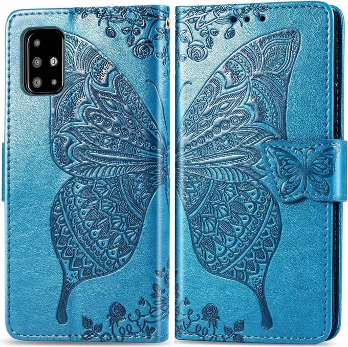 Geschikt voor Samsung Galaxy A41 Bookcase - Blauw - Vlinders - Portemonnee Hoesje
