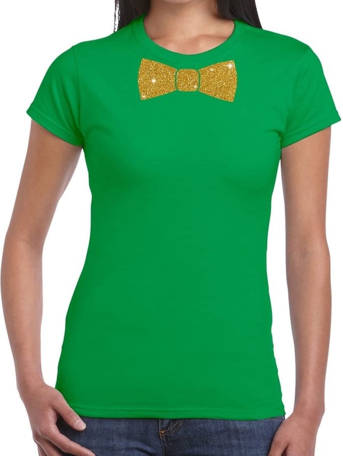 Groen fun t-shirt met vlinderdas in glitter goud dames S