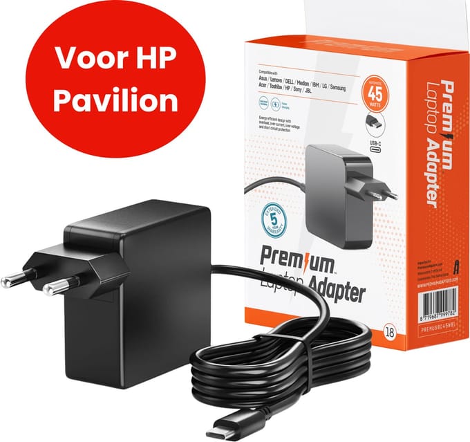 45W USB-C Laptop oplader voor HP Pavilion - Alle modellen vanaf 2020 - Kabel + Adapter