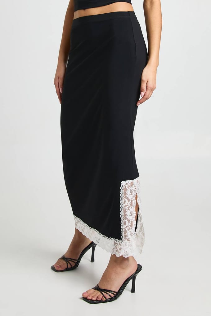 boohoo Dames Midi Rok Met Contrasterende Kanten Bies En Split | Black | Maat: 6